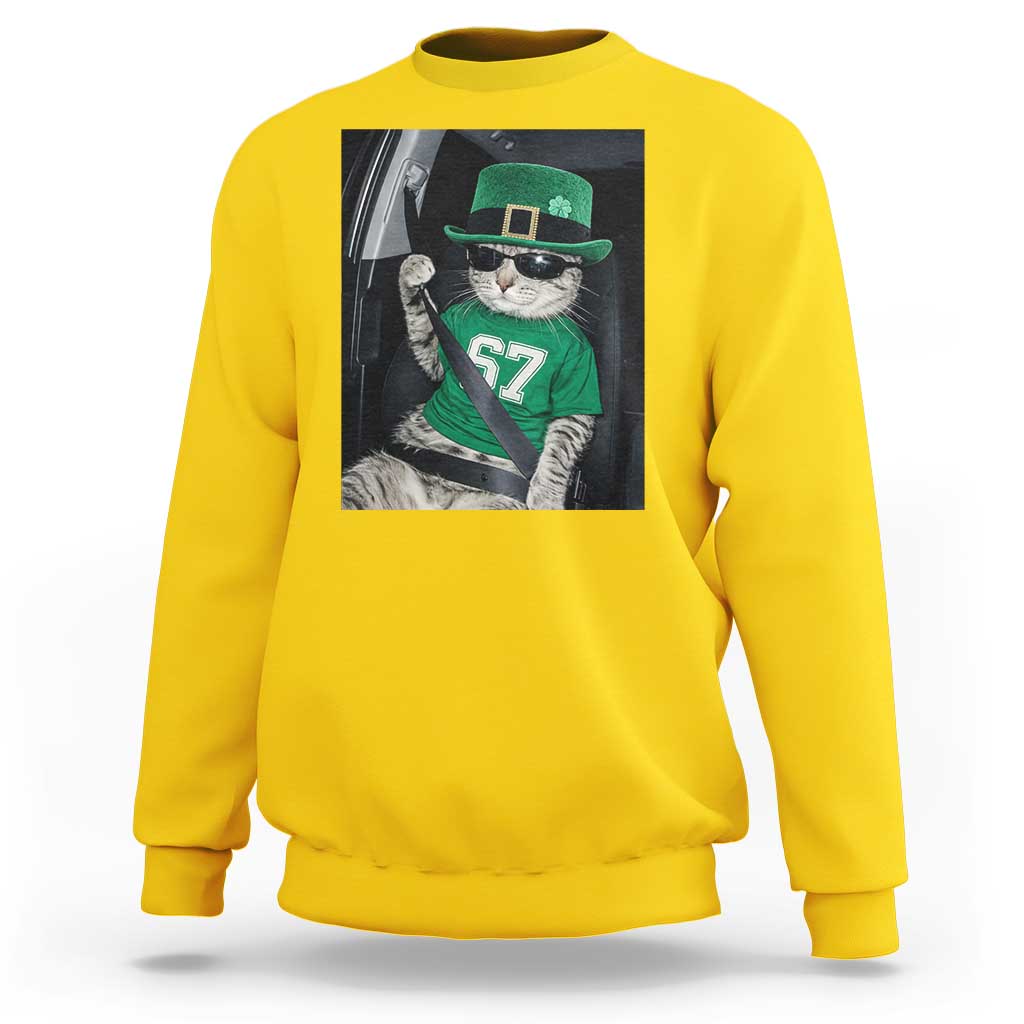 67 Cat St Patricks Day Sweatshirt Funny Cat Driver Leprechaun Meme