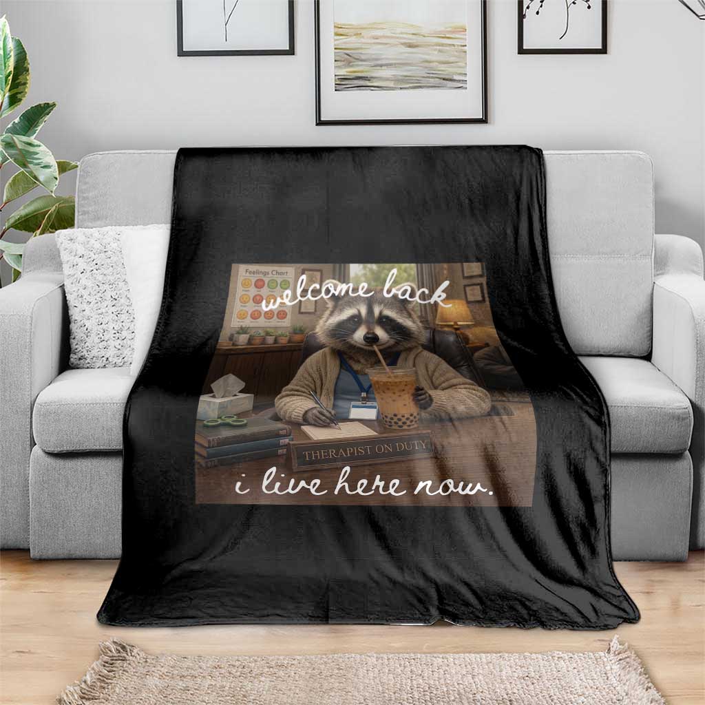 Funny School Therapist Raccoon Drinking Iced Coffee Throw Blanket