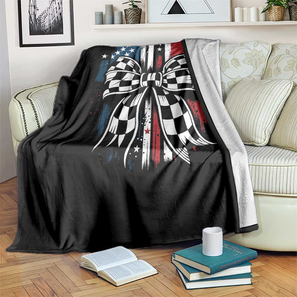 Patriotic Coquette Bow Checkered Flag Race Car Racing Throw Blanket - Wonder Print Shop