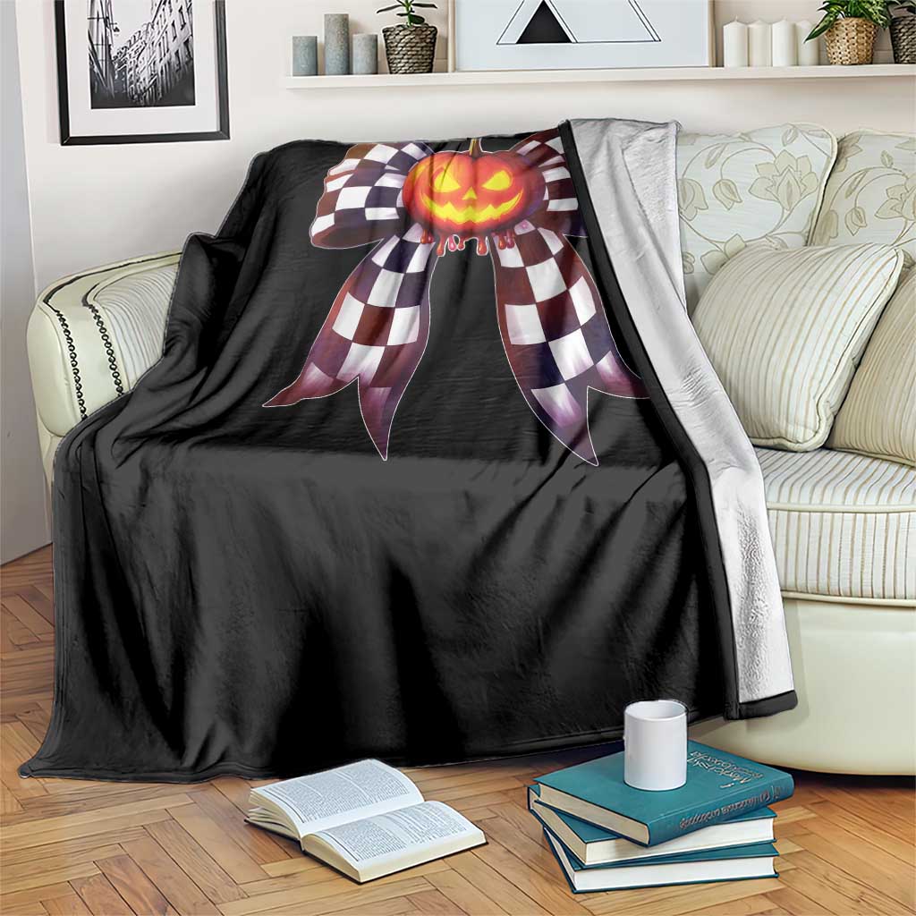 Race Car Halloween Throw Blanket Pumpkin Checkered Coquette Bow - Wonder Print Shop