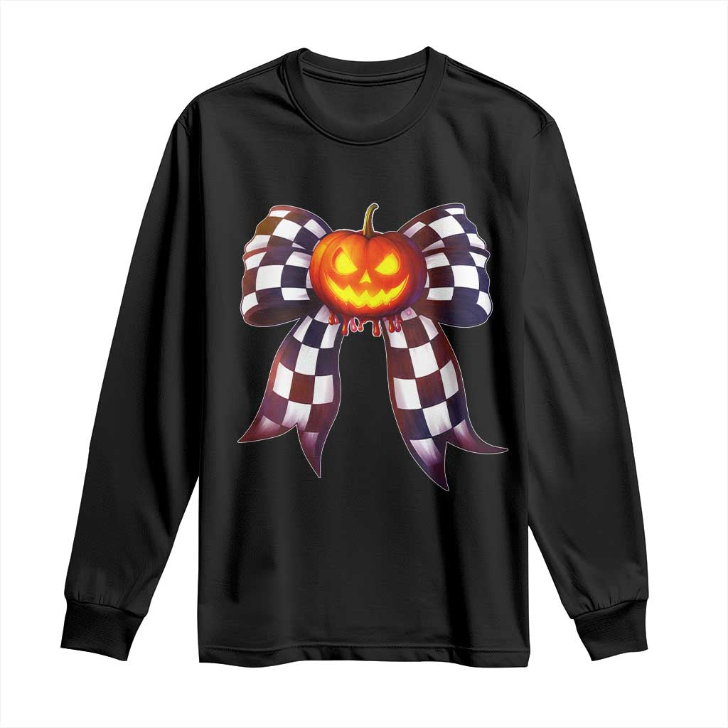 Race Car Halloween Long Sleeve Shirt Pumpkin Checkered Coquette Bow - Wonder Print Shop