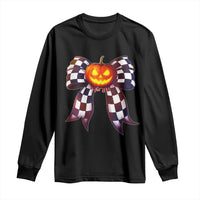 Race Car Halloween Long Sleeve Shirt Pumpkin Checkered Coquette Bow - Wonder Print Shop