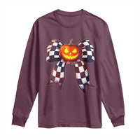 Race Car Halloween Long Sleeve Shirt Pumpkin Checkered Coquette Bow - Wonder Print Shop