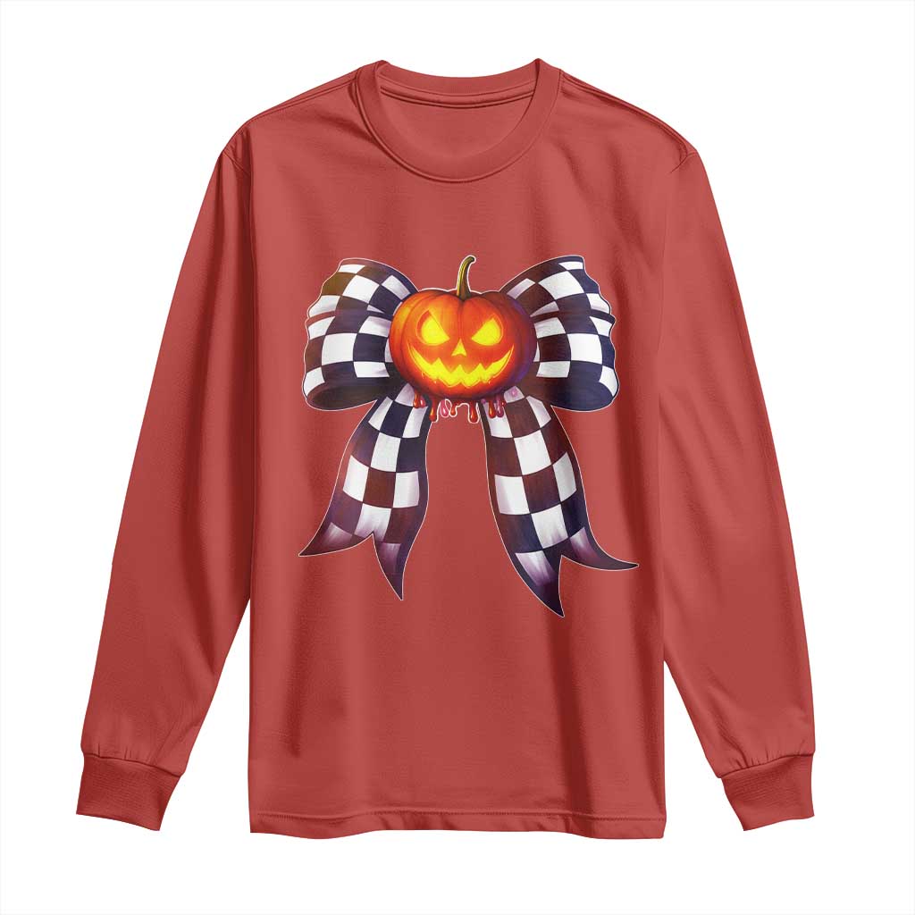 Race Car Halloween Long Sleeve Shirt Pumpkin Checkered Coquette Bow - Wonder Print Shop