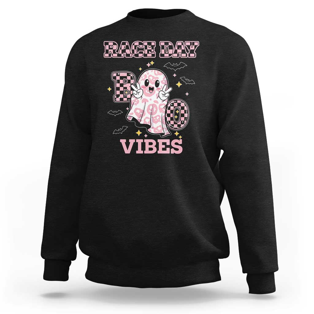 Race Car Halloween Sweatshirt Boo Checkered Coquette Bow - Wonder Print Shop