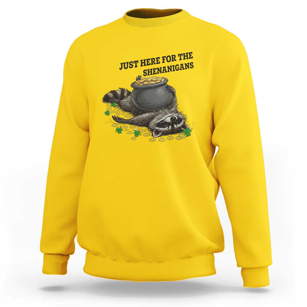 Funny Raccoon St Patricks Day Meme Sweatshirt Just Here For The Shenanigans