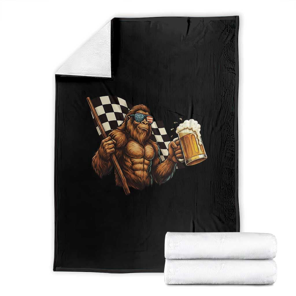 Funny Bigfoot Throw Blanket Sasquatch Drinking Beer Racing Car - Wonder Print Shop