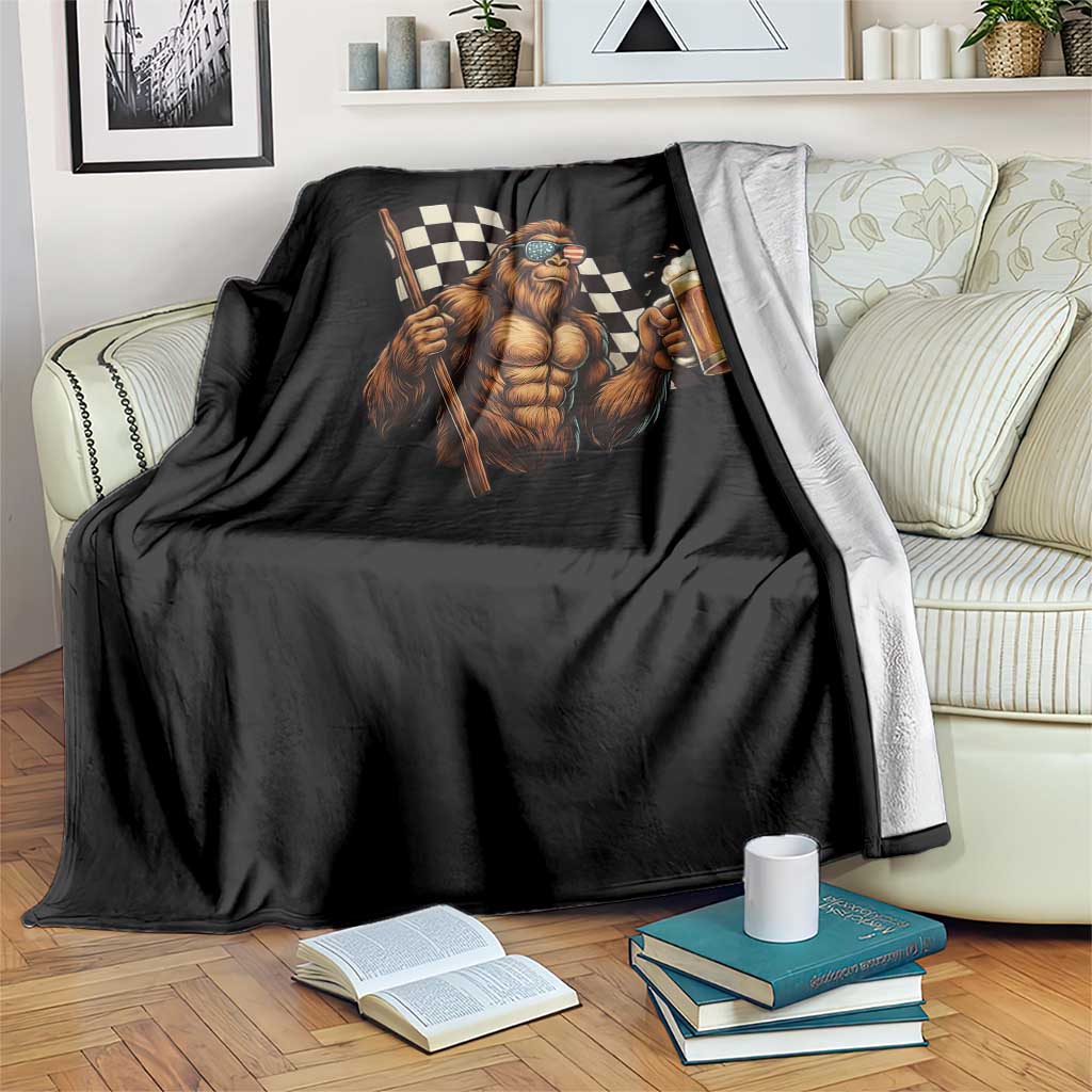 Funny Bigfoot Throw Blanket Sasquatch Drinking Beer Racing Car - Wonder Print Shop