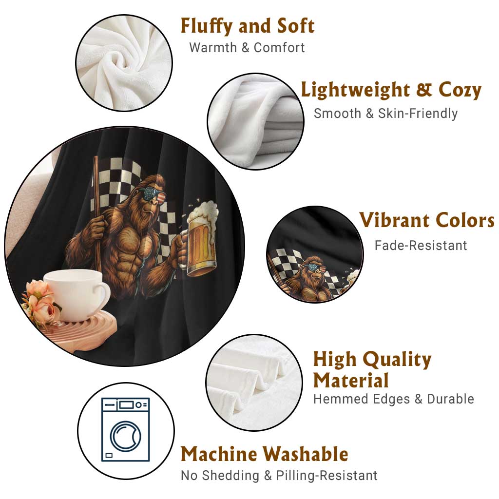 Funny Bigfoot Throw Blanket Sasquatch Drinking Beer Racing Car - Wonder Print Shop