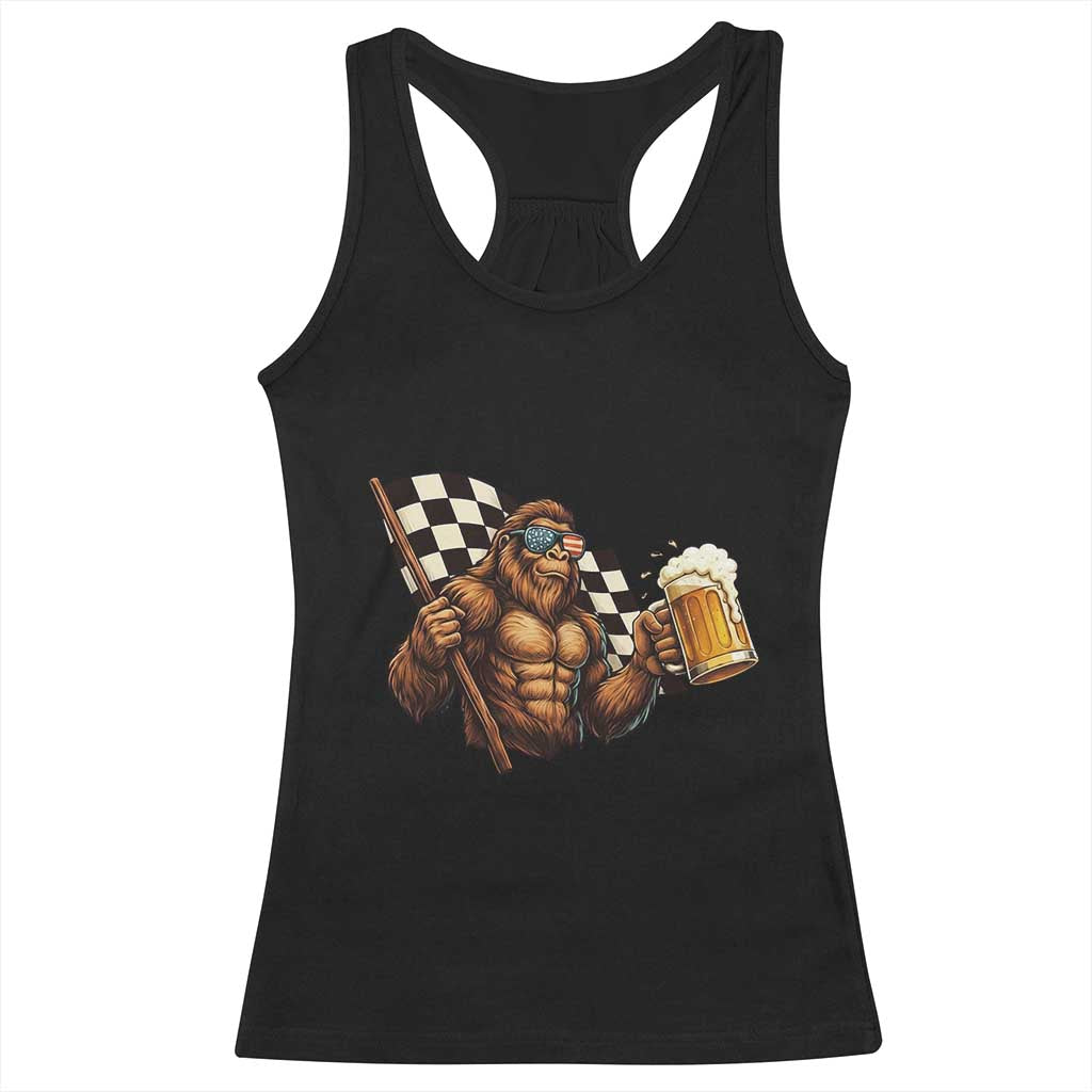 Funny Bigfoot Racerback Tank Top Sasquatch Drinking Beer Racing Car - Wonder Print Shop