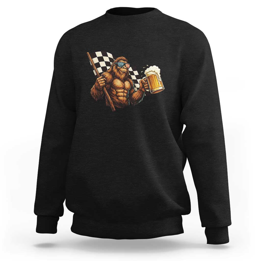 Funny Bigfoot Sweatshirt Sasquatch Drinking Beer Racing Car - Wonder Print Shop