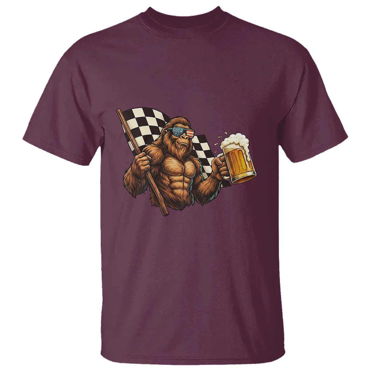 Funny Bigfoot T Shirt Sasquatch Drinking Beer Racing Car - Wonder Print Shop