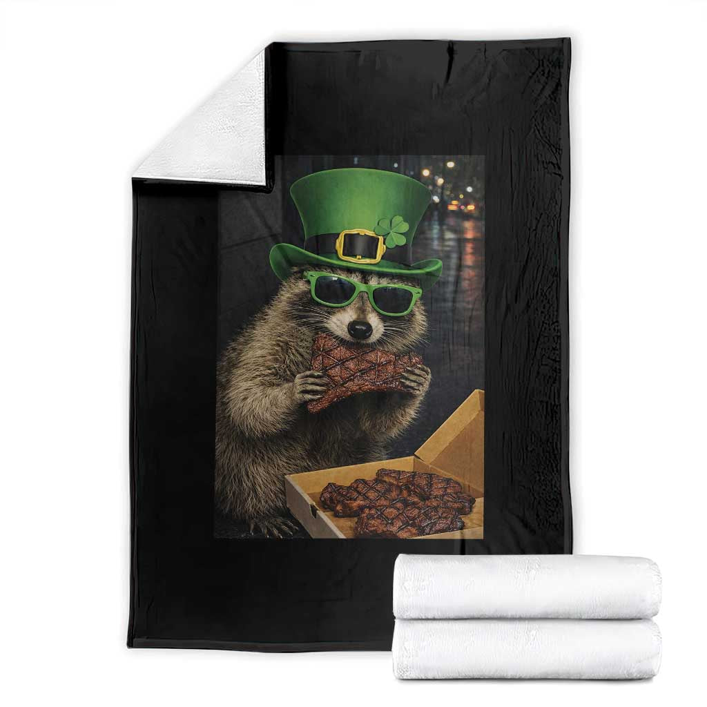 Funny Raccoon St Patrick's Day Throw Blanket Raccoon Eating Corned Beef Meme