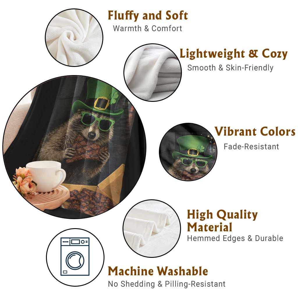 Funny Raccoon St Patrick's Day Throw Blanket Raccoon Eating Corned Beef Meme