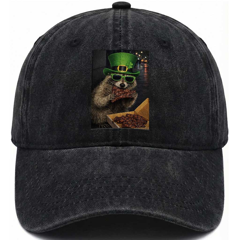 Funny Raccoon St Patrick's Day Washed Cotton Baseball Cap Raccoon Eating Corned Beef Meme