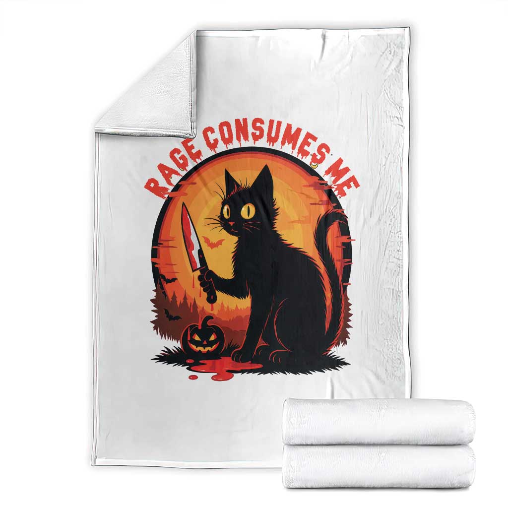 Funny Black Cat Halloween Funny Black Cat Murderous Cat With Knife Throw Blanket Rage Is Consuming Me - Wonder Print Shop