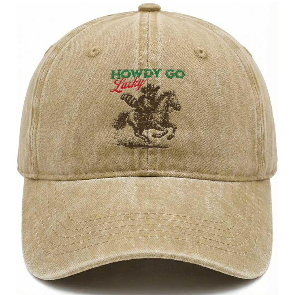Howdy Go Lucky Washed Cotton Baseball Cap Cowboy Raccoon St Patrick's Day
