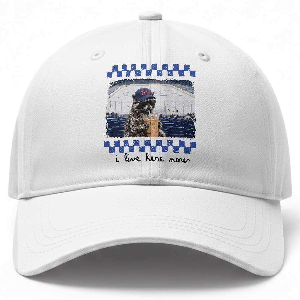 Hockey Mom Raccoon Iced Coffee Baseball Cap I Live Here Now