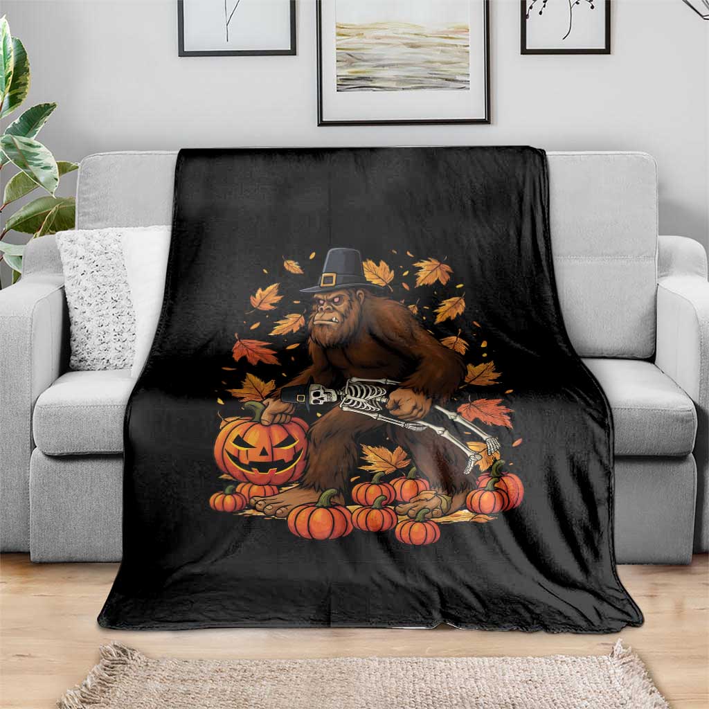 Funny Bigfoot Skeleton Throw Blanket Thanksgiving Day Sasquatch Pilgrim - Wonder Print Shop