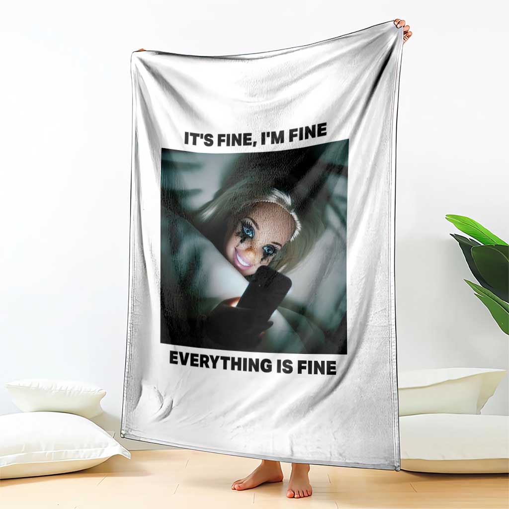 Funny Distressed Doll Face Meme Throw Blanket It Is Fine I Am Fine Everything Is Fine - Wonder Print Shop