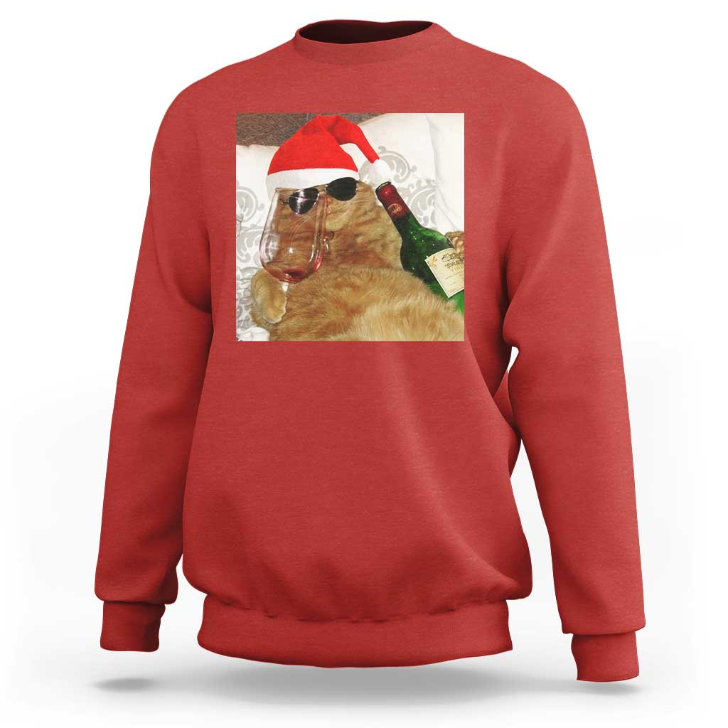 Funny Cat Drinking Wine Christmas Sweatshirt - Wonder Print Shop