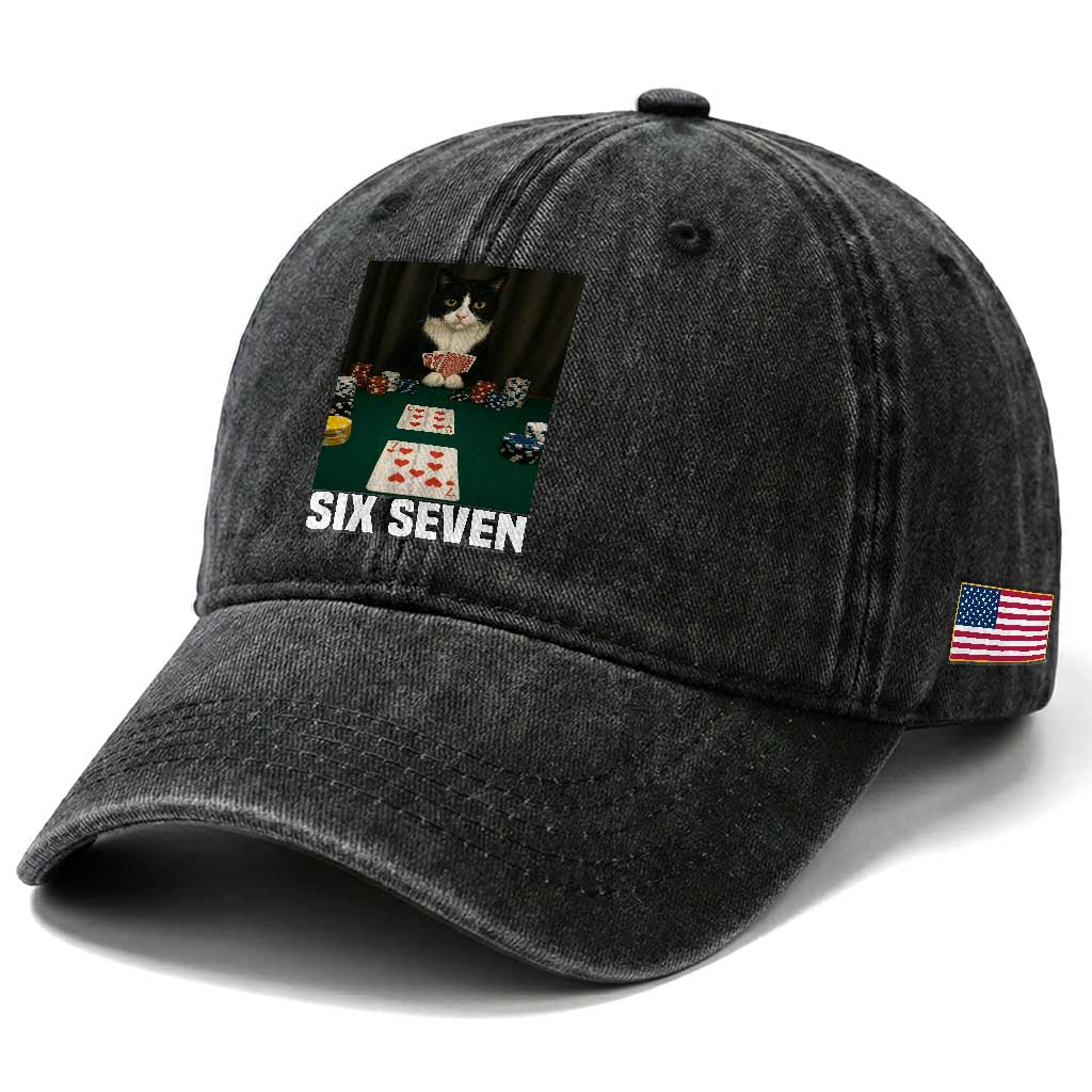 67 Poker Cat Washed Cotton Baseball Cap Funny Six Seven Meme