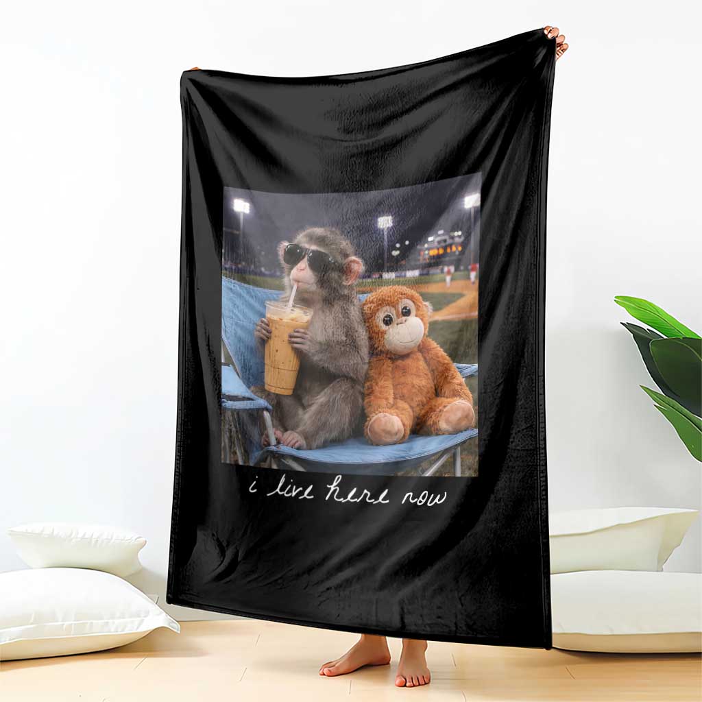 Funny Punch Monkey Baseball Throw Blanket I Live Here Now Ballpark Graphic
