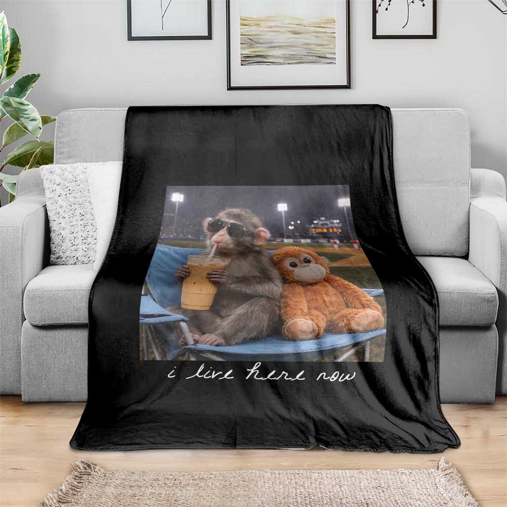 Funny Punch Monkey Baseball Throw Blanket I Live Here Now Ballpark Graphic