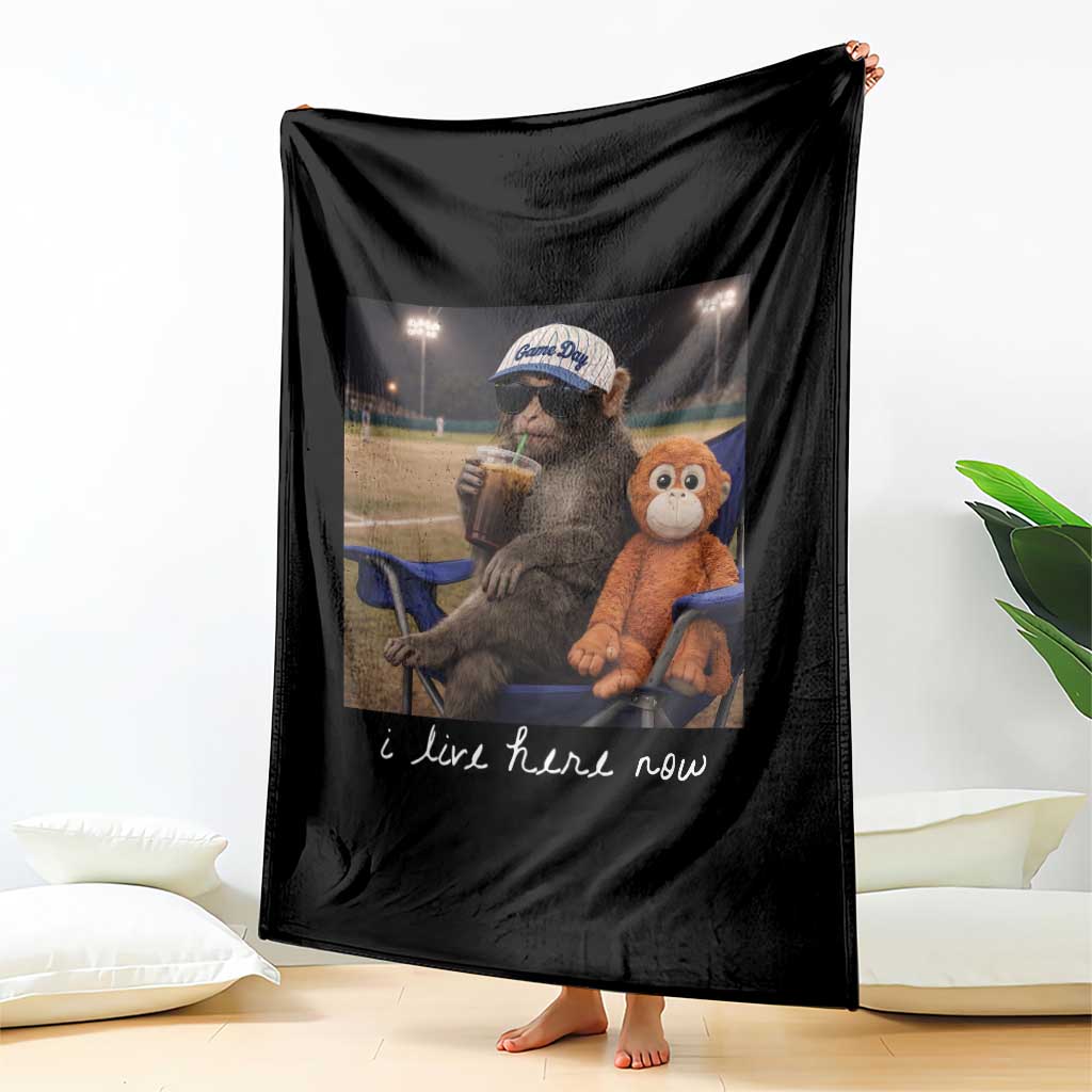 I Live Here Now Punch Monkey Throw Blanket Funny Drinking Iced Coffee Baseball Field