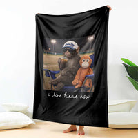 I Live Here Now Punch Monkey Throw Blanket Funny Drinking Iced Coffee Baseball Field