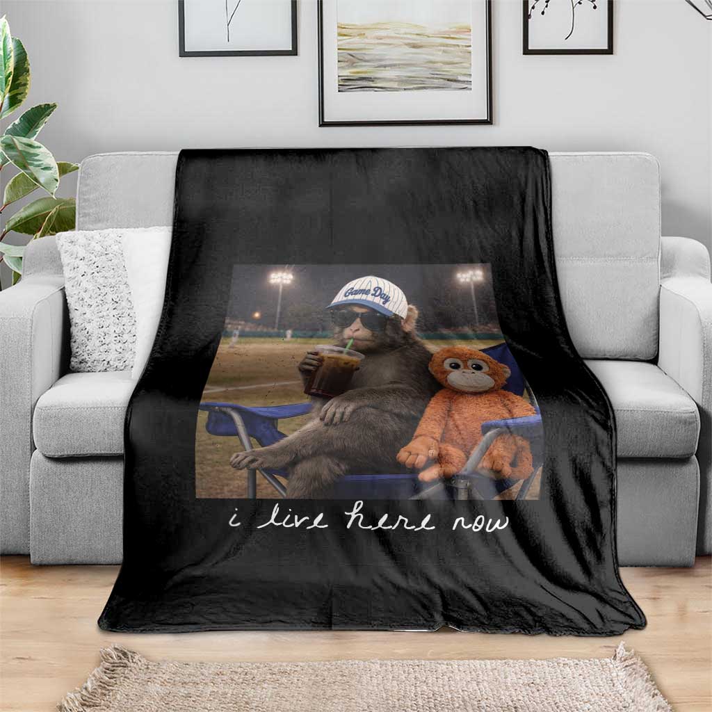 I Live Here Now Punch Monkey Throw Blanket Funny Drinking Iced Coffee Baseball Field