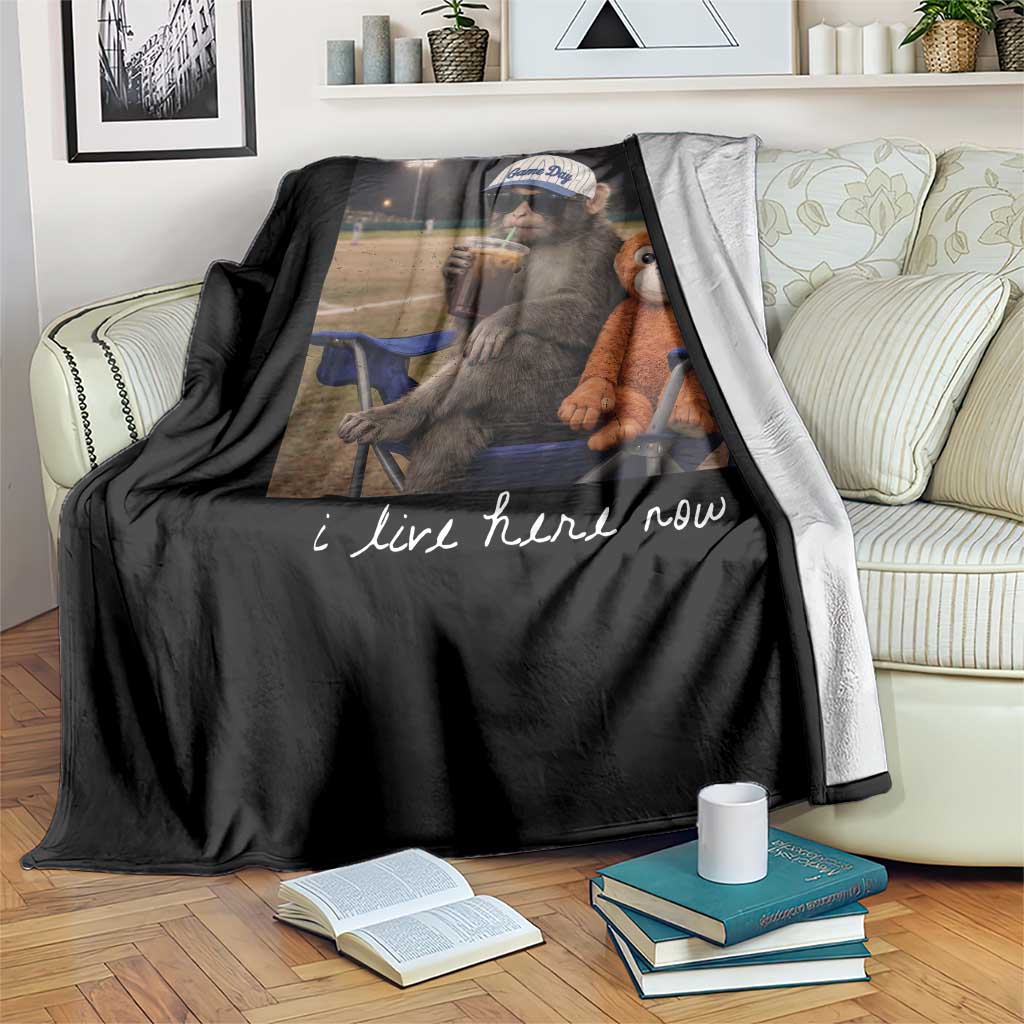 I Live Here Now Punch Monkey Throw Blanket Funny Drinking Iced Coffee Baseball Field