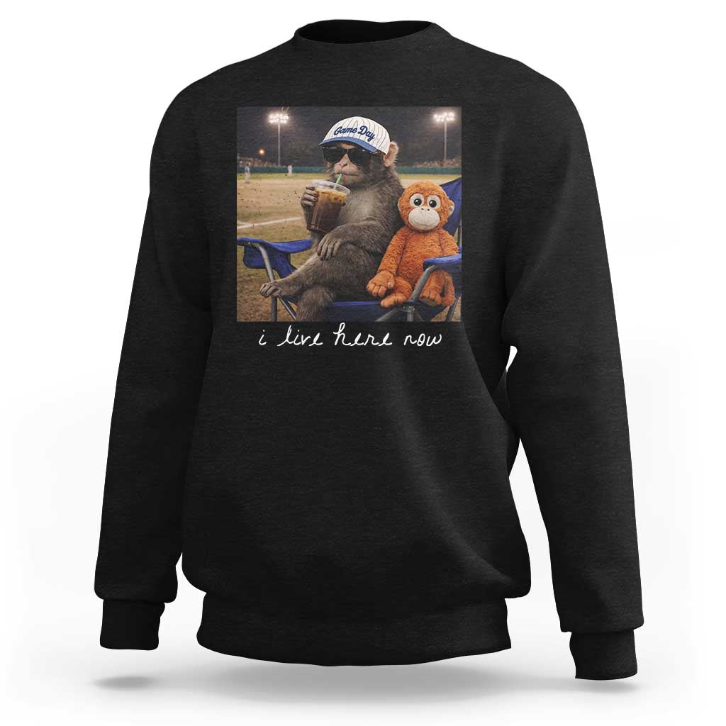 I Live Here Now Punch Monkey Sweatshirt Funny Drinking Iced Coffee Baseball Field