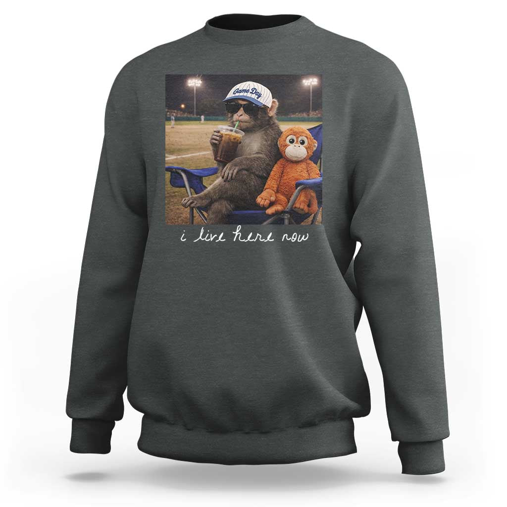 I Live Here Now Punch Monkey Sweatshirt Funny Drinking Iced Coffee Baseball Field
