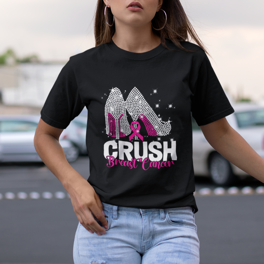 Crush Breast Cancer Awareness T Shirt For Women Bling High Heels Pink Ribbon - Wonder Print Shop