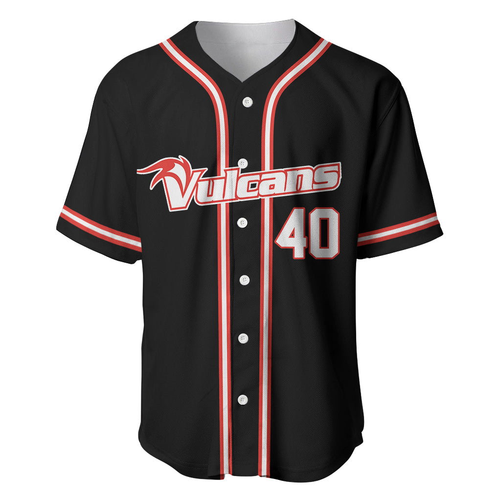Black baseball jersey with red/white striped trim, Vulcans logo, and 40 front