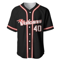 Black baseball jersey with red/white striped trim, Vulcans logo, and 40 front