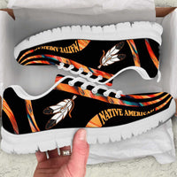 Feather Native American pattern sneakers, black upper and white sole, multicolor print