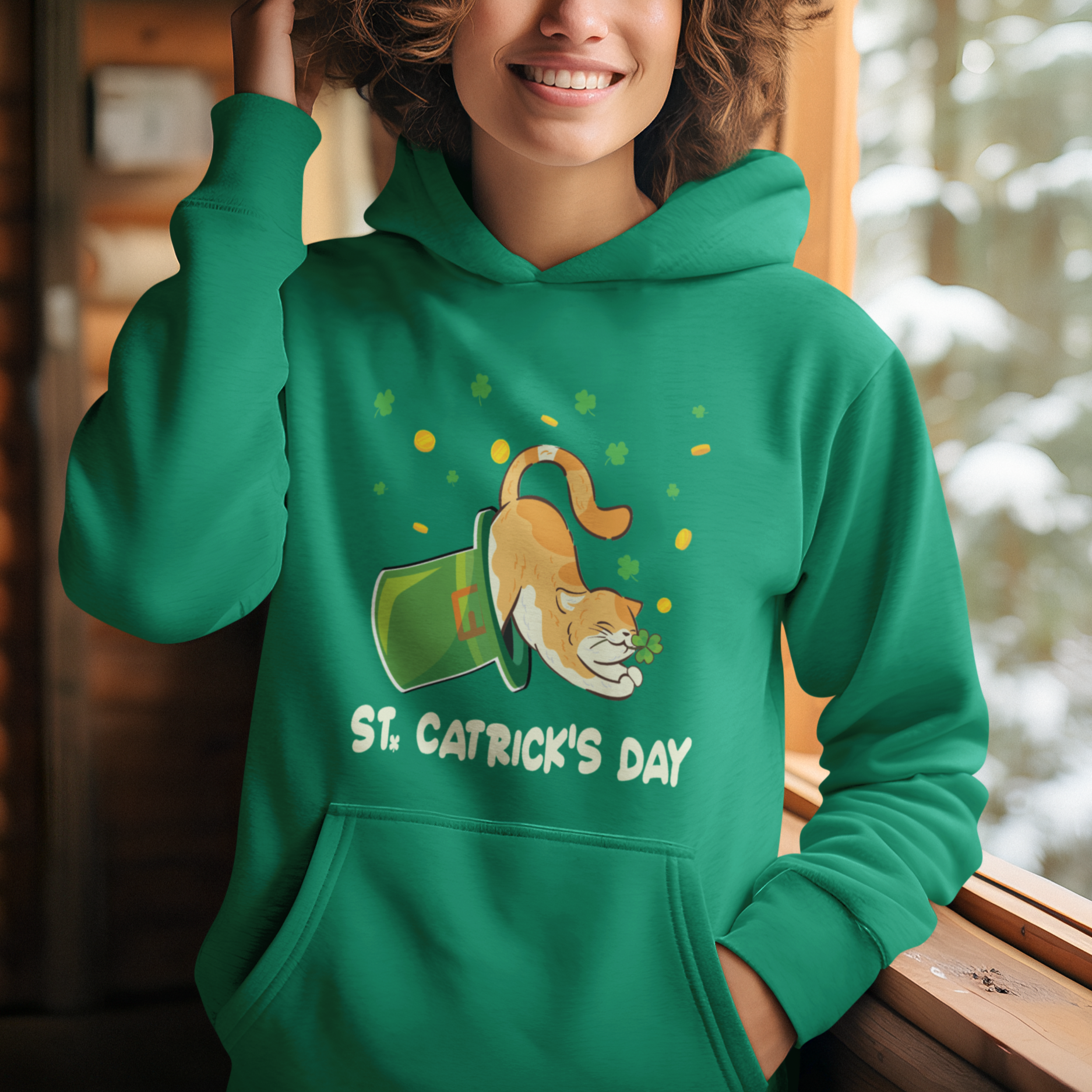 Happy St.Catrick's Patrick's Day Lucky Cat Shamrock Hat Hoodie - Wonder Print Shop