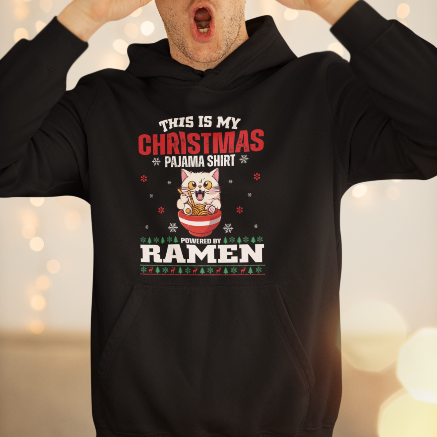 Kawaii Cat Powered By Ramen Christmas Japanese Noodle Hoodie - Wonder Print Shop