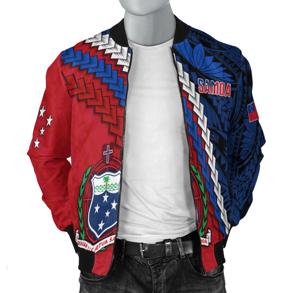 Red/blue zip-up bomber jacket front with Samoa text on chest, crest emblem and stripes