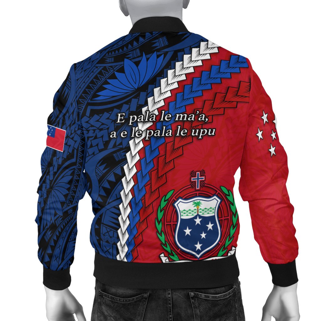 Back view of red/blue Samoa bomber jacket with crest, Polynesian-style print and lyrics