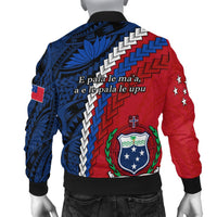 Back view of red/blue Samoa bomber jacket with crest, Polynesian-style print and lyrics