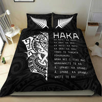 Black duvet set featuring white HAKA chant text, ta moko portrait artwork, and 2 pillows