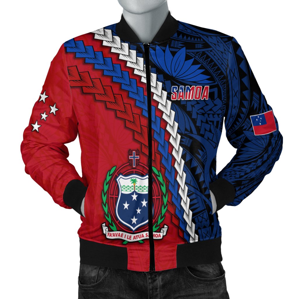Red/blue Samoa bomber jacket with zip front, Samoa chest text, crest patch and ribbed cuffs