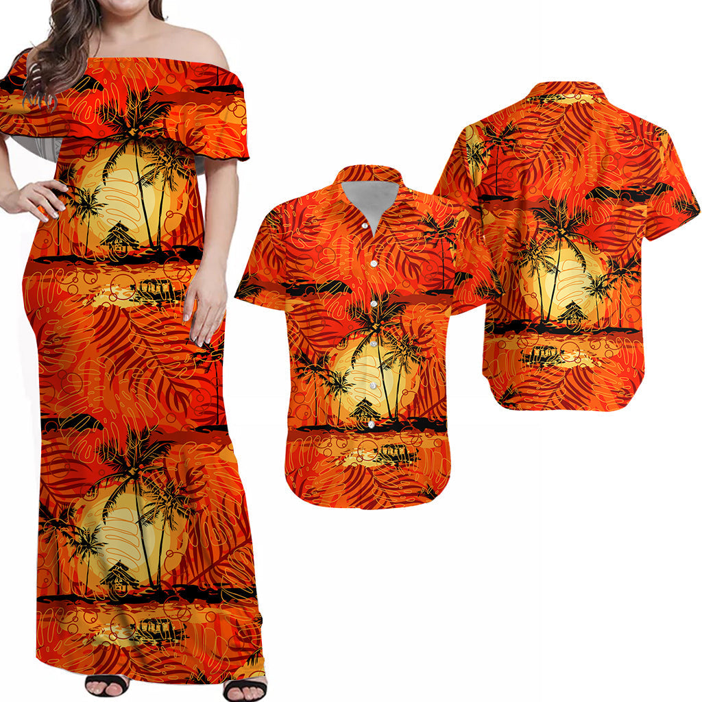 Orange Hawaiian dress with palm tree print and matching short-sleeve shirt