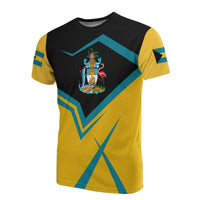 Black and yellow Bahamas T-shirt with teal geometric print and flamingo crest