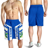 Men's El Salvador graphic swim shorts on model, royal blue and white front