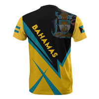Black and yellow Bahamas T-shirt back with large Bahamas text and crest graphic