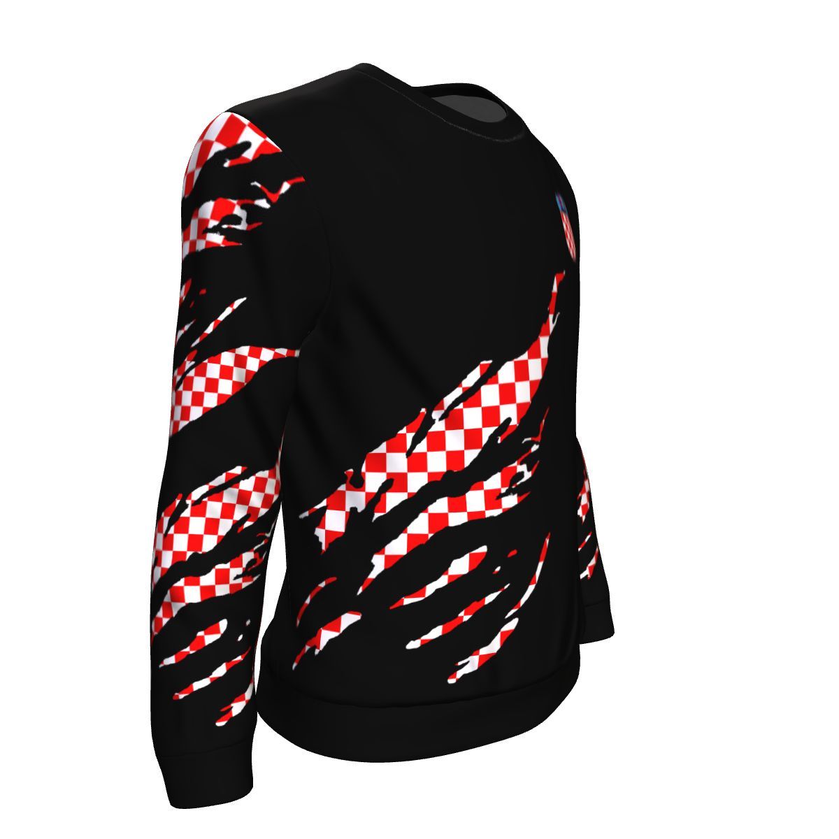 Black unisex sweatshirt with checkered red-and-white flag map graphic on back